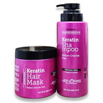 תמונה של מארז קרטין לשיער לאחר החלקה: שמפו 500 מ"ל ומסכה 500 מ"ל מבית ג'נוריס - מתוך קטלוג HairFix, מוצג באריזת המקור